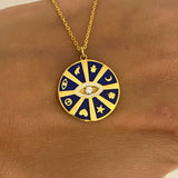 925 Silver | Dark Blue Enamel Round Medallion Necklace with Ethnic Symbols