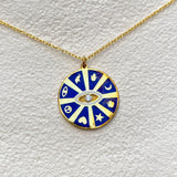 925 Silver | Dark Blue Enamel Round Medallion Necklace with Ethnic Symbols