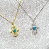 925 Silver | Turquoise Stone Hamsa Necklace with Heart Detail